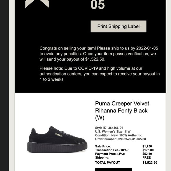 BNIB Puma Creeper Velvet x Fenty by Rihanna Puma Black Size 6 SOLD for $1750+ - Picture 6 of 7